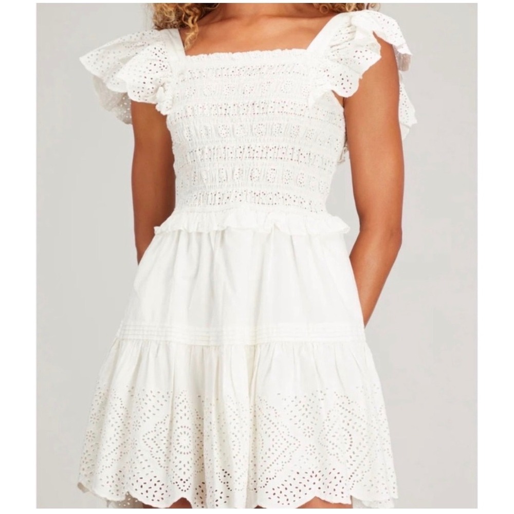 Sea New York Vienne Eyelet‎ Smocked Mini Dress Ruffle Sleeve Tie Back White Med